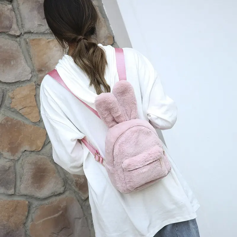 Mini mochila de felpa con Orejas de conejo para mujer, bolso esponjoso liso de piel sintética, mochilas peludas Kawaii para chicas adolescentes,