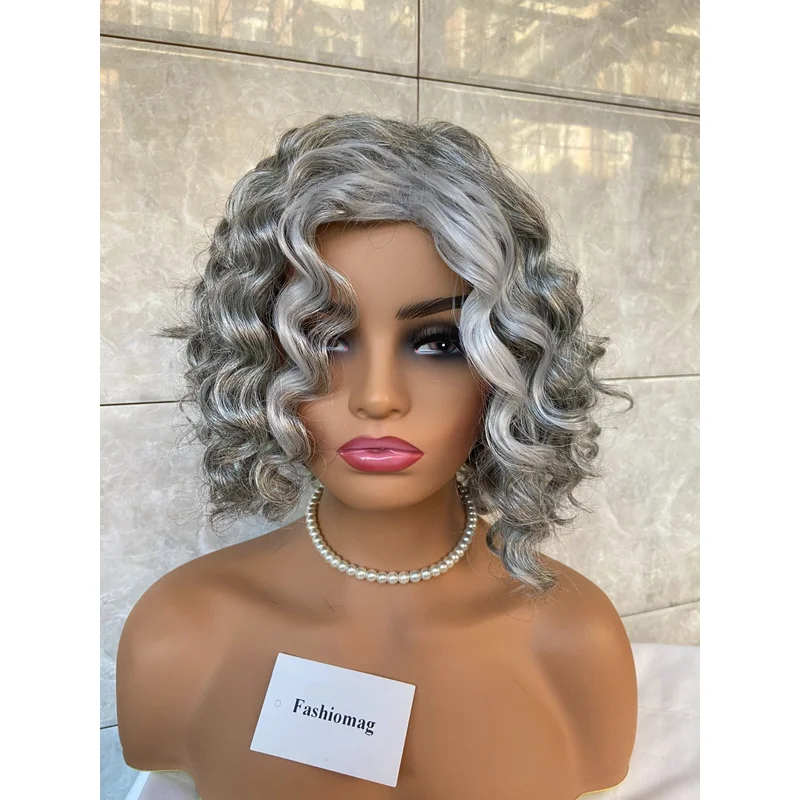 

Short Bob Silver Gray Wavy Synthetic Hair Grandma Gray Wigs Women Soft