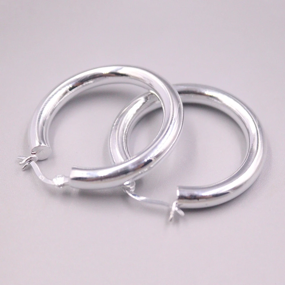 

Real Solid 925 Sterling Silver Hoop Women Lucky 5mm Smooth Round Circle Earrings 35mm