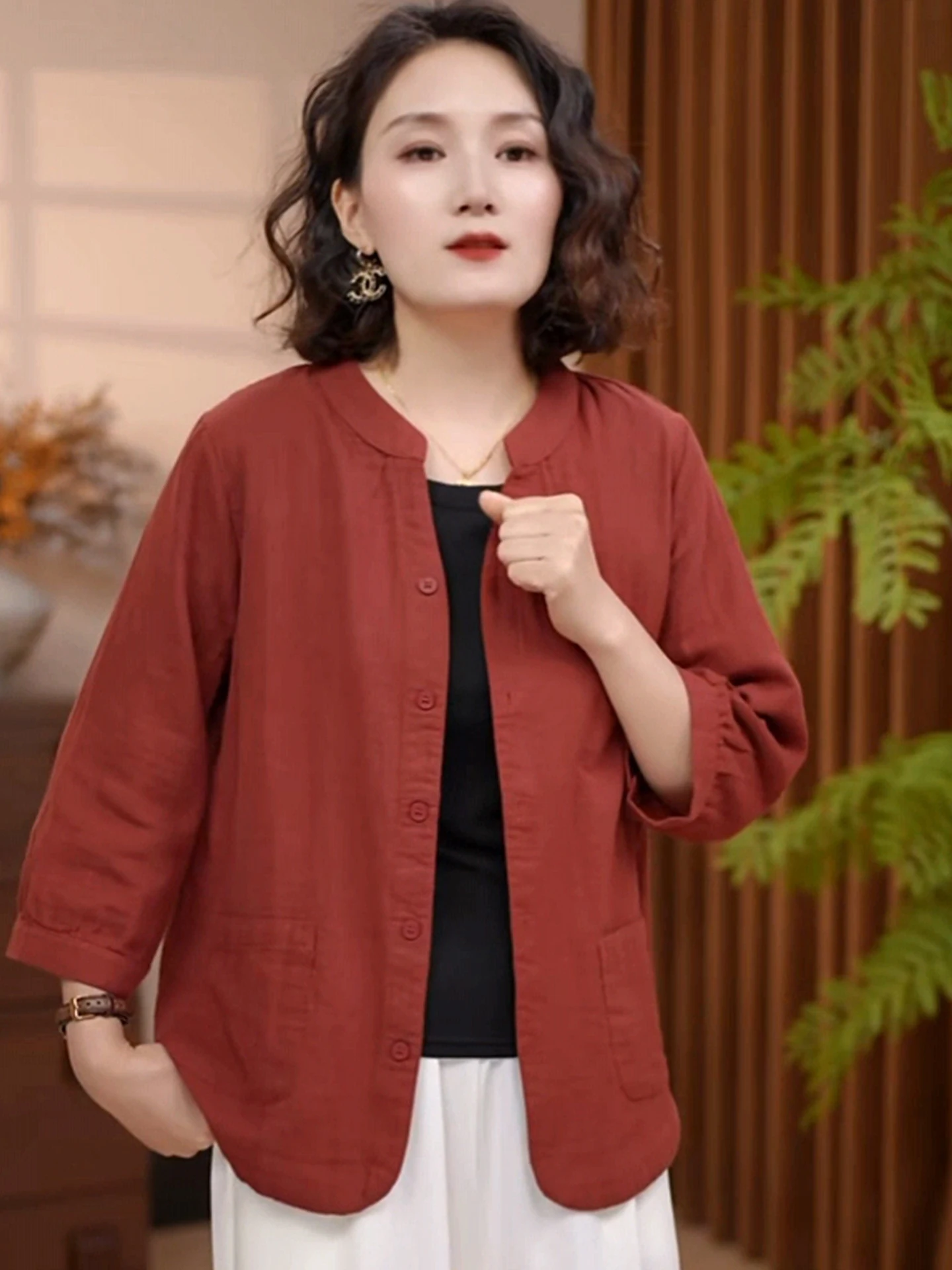 Summer Thin Cotton Shirt Half Sleeve Pure Color Single Button Single Layer Loose Fit Women's Casual Style round Neck Top