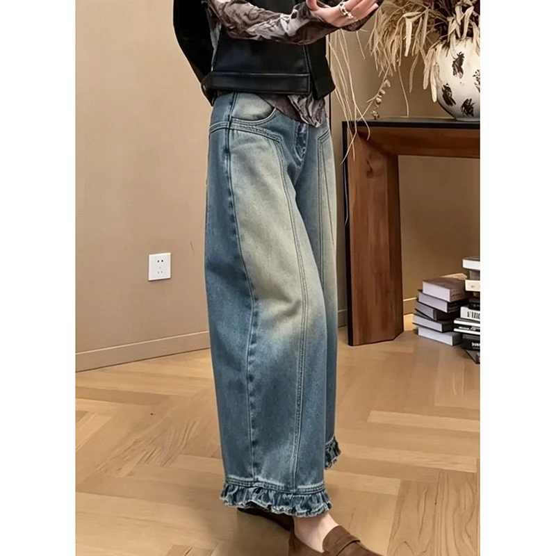 Casual Ruffles Hem Jeans Women Vintage Gradient Wash Loose Ankle Length Pant Autumn Streetwear High Waist Wide Leg Jeans New