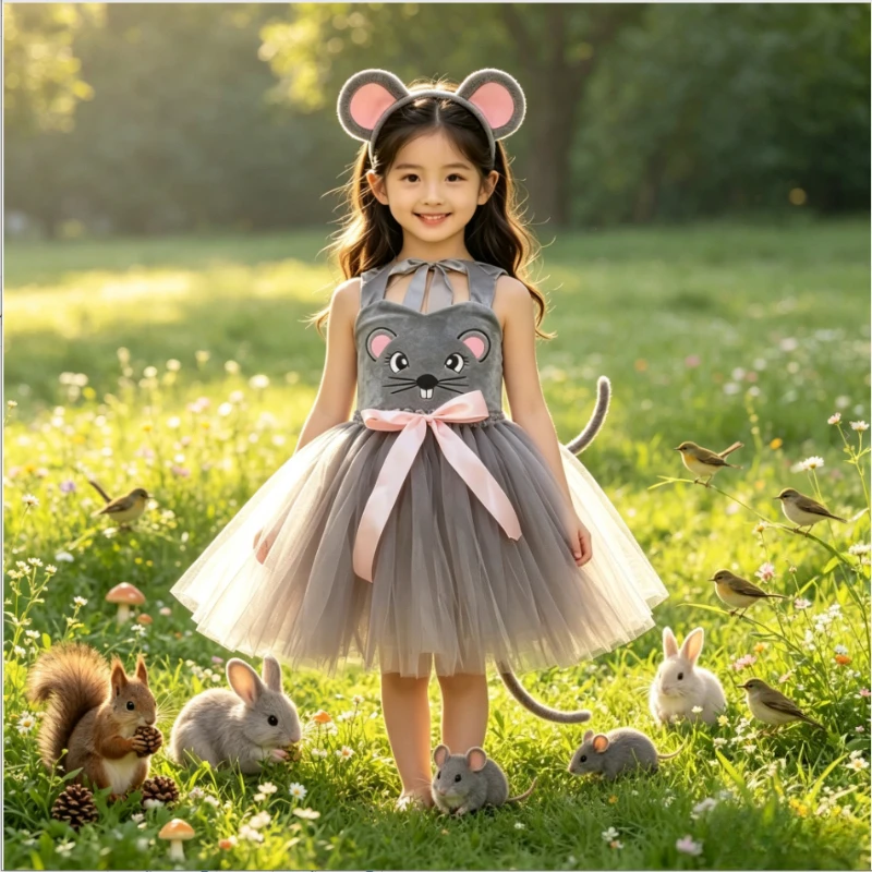 Grey Cartoon Mouse Fluffy Mesh Dress Lightweight Voluminous Skirt Ideal for Holiday Parade Ballet Recital Character Costume