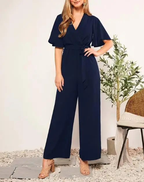 

Women's Solid Color Comfortable Loose V-neck Ruffled Sleeves Waist Tie Wide Leg Jumpsuit,Elegant for Work & Parties