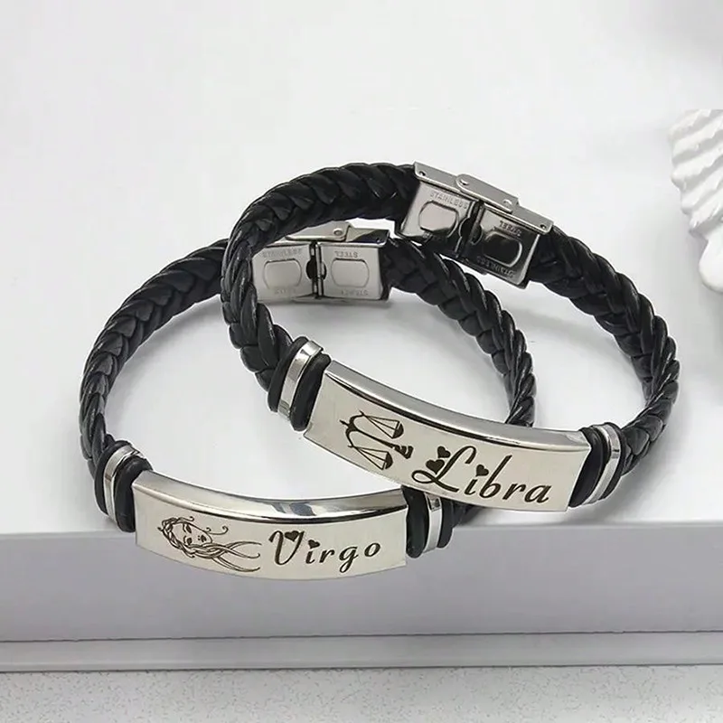 Twelve Constellations Stainless Steel Fashion Creative Leather Weaving Beaded Bracelet Gift for Boys and Girls Wholesale Gifts