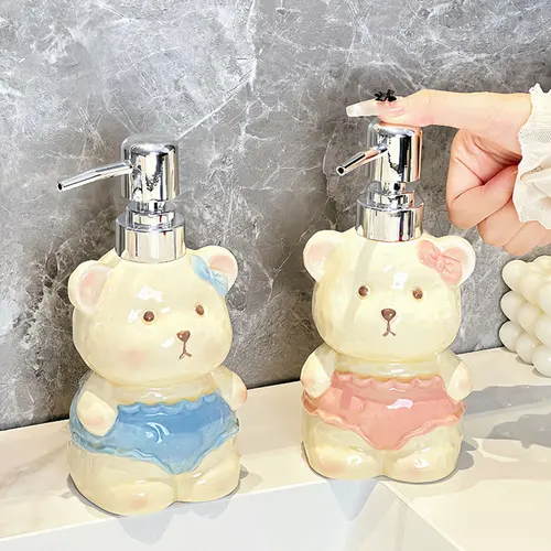 Imagen 2 del producto Dispensador de jabón, botella de loción de oso de cerámica creativa para el hogar, baño, desinfectante de manos, botella dispensadora con botón de presión