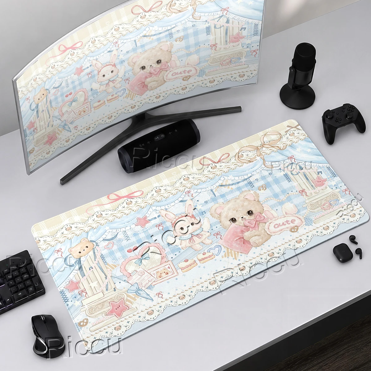 Anime Blue Pretty Bear Mouse Pads Gamer Desktop XXL Computer Keyboard Decoration Mat Cartoon Non-slip Rubber Base Aesthetics Rug