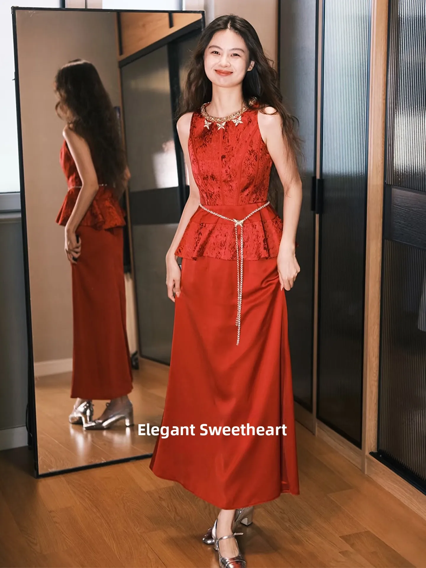 

Ele Chinese Sle Bridal Dr Svel Two-Piece Set for Engagement Par Wedding Reception Faionable Mid-Waist A-Li...