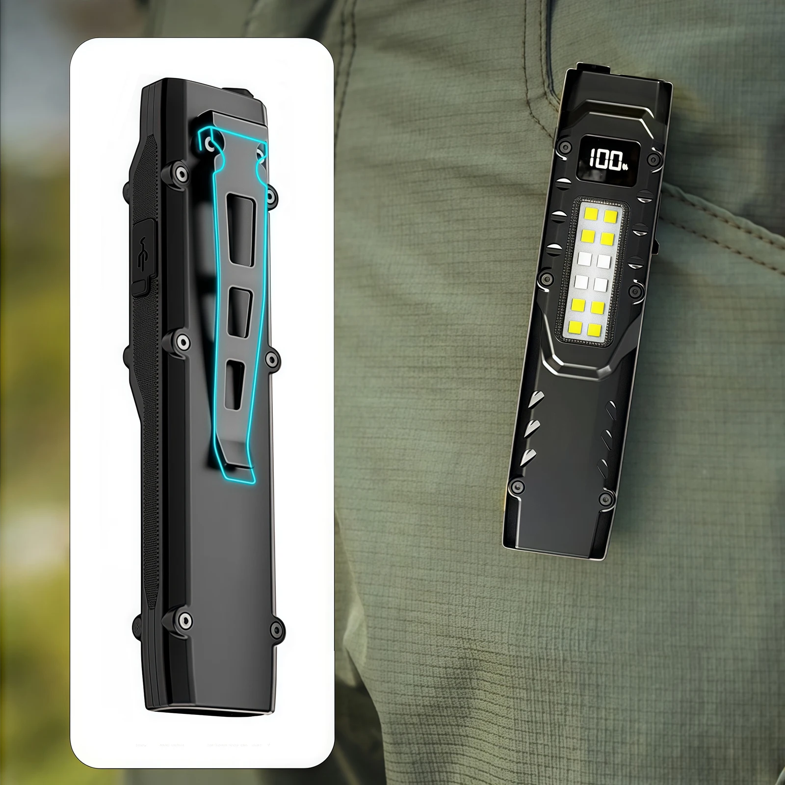 

EDC Tactical Flashlight, 20W Flat Flashlights Rechargeable, Dual-Switches LED Pen Light Digital Display, Stainless Steel 9 Modes