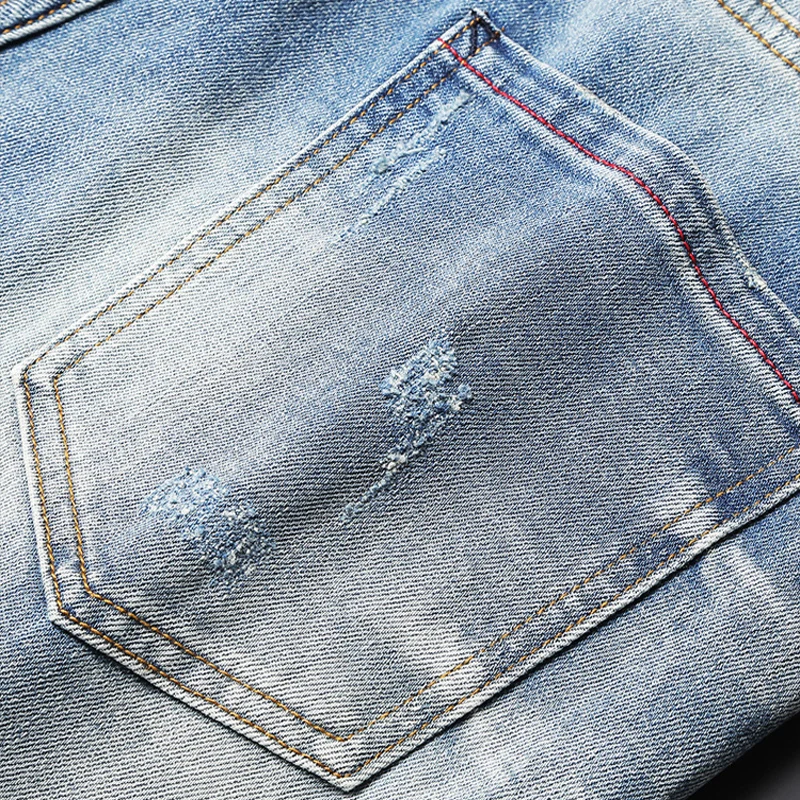 Newly Summer Trendy Fashion Jeans Retro Light Blue Elastic Embroidery Designer Ripped Short Jeans Homme Hip Hop Denim Shorts Men