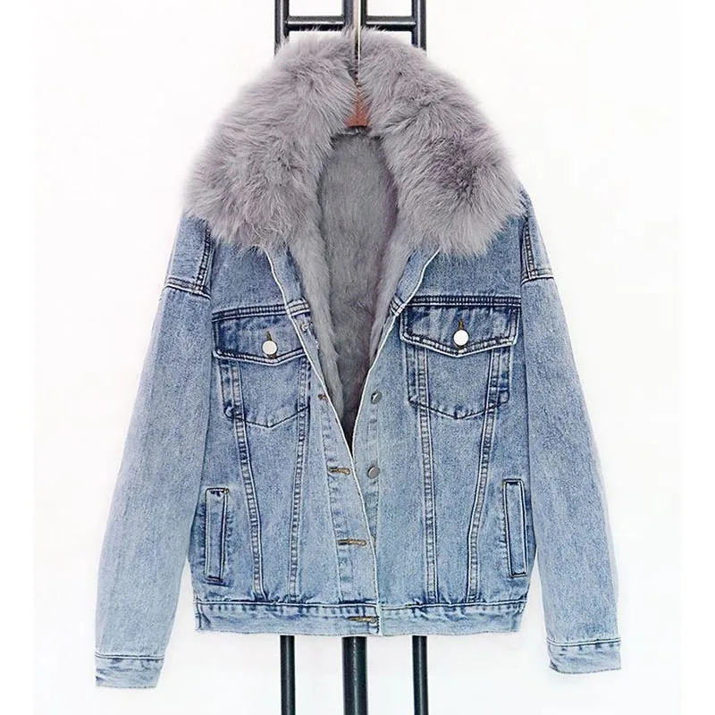 Fried Street Jeans with Big Wool Collar Jacket Women's Overcoat Loose Plus Velvet Thick Parker Jacket Winter New Cotton Jacket