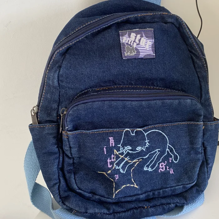 Japanese Simple Kawaii Cat Backpack Denim Handbag Shoulder Bags Large Capacity Student Schoolbag Cute Women Backpack