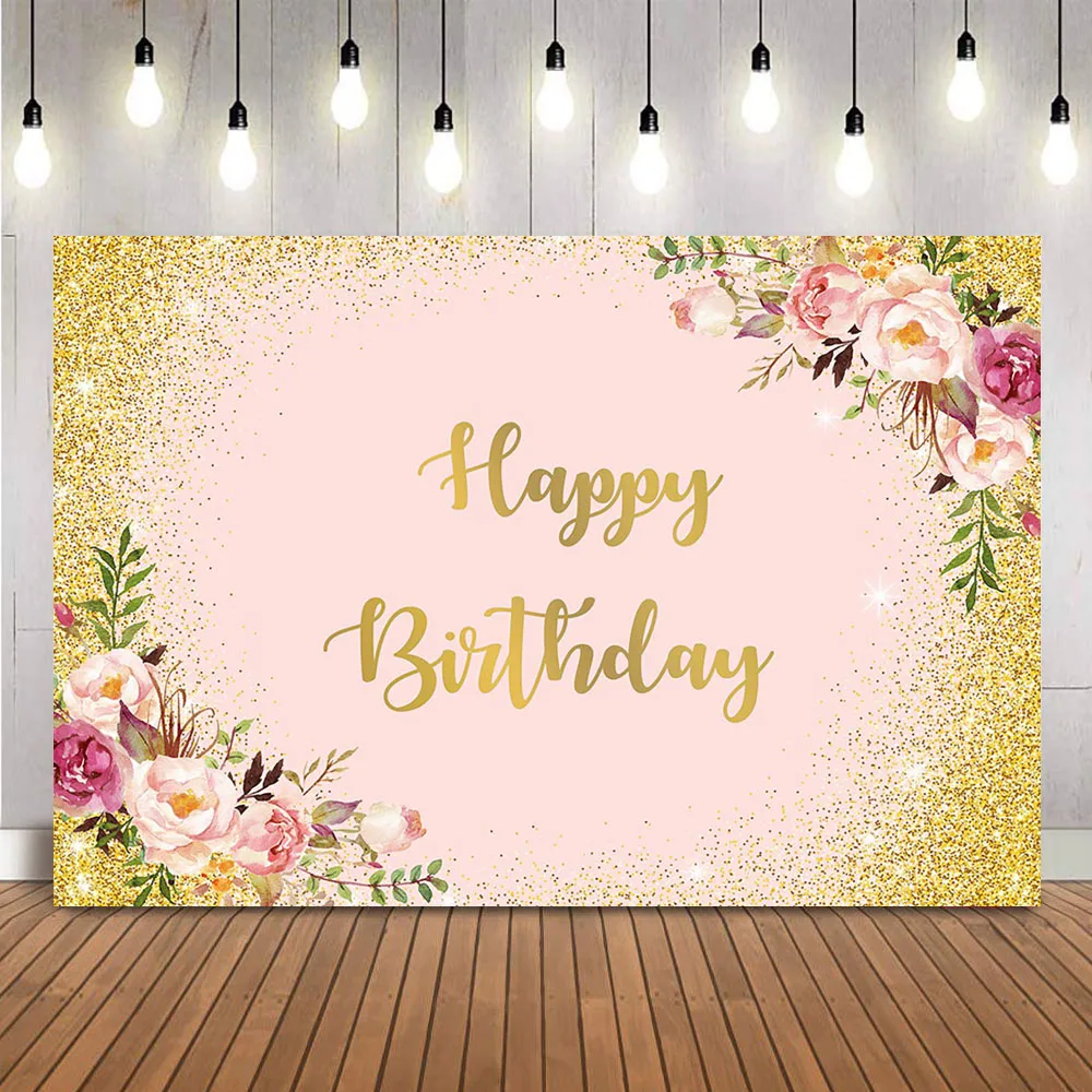 

Happy Birthday Floral Backdrop Pink and Gold Glitter Customize Background for Photography Women Girls Sweet 16 21th Personalize