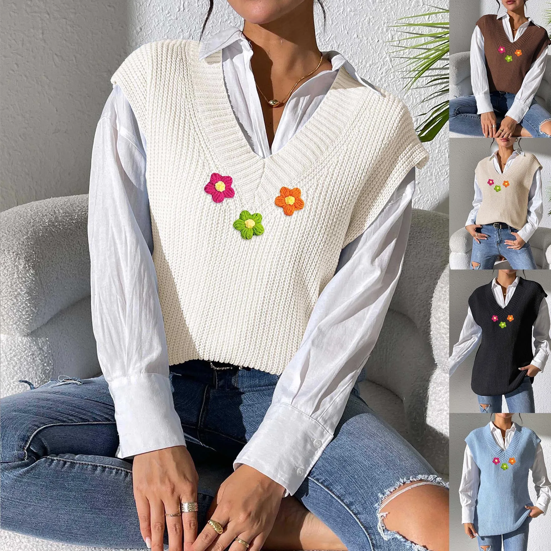 

Женский вязаный жилет с V-образным вырезом, вязаный вручную цветок, простой дизайн, свитер из одинаковой ткани, жилет, весна-осень, женская мода