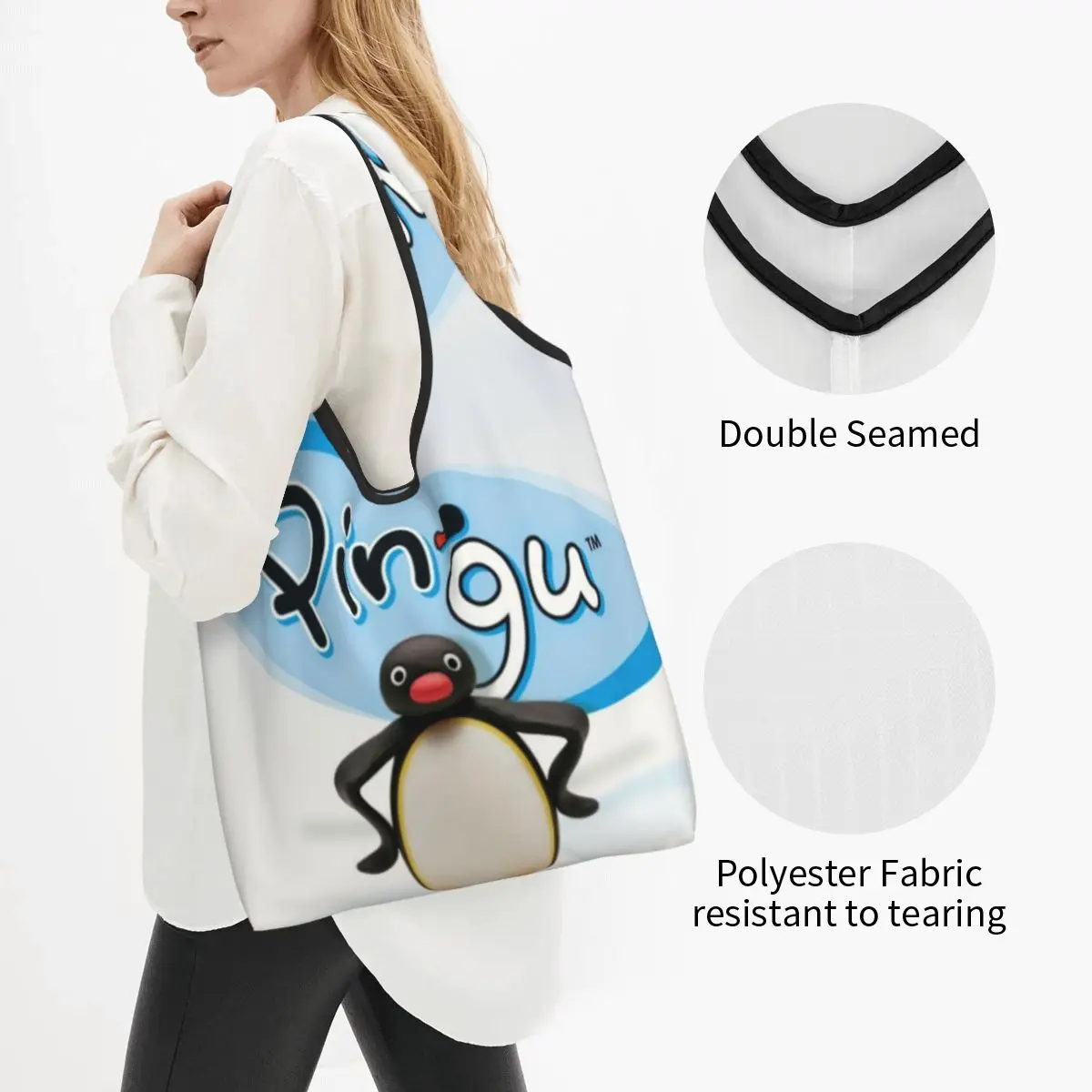 Custom Pingu Penguin Groceries Shopping Bags Fashion Shopper Tote Shoulder Bags Big Capacity Portable Antarctica Animal Handbag