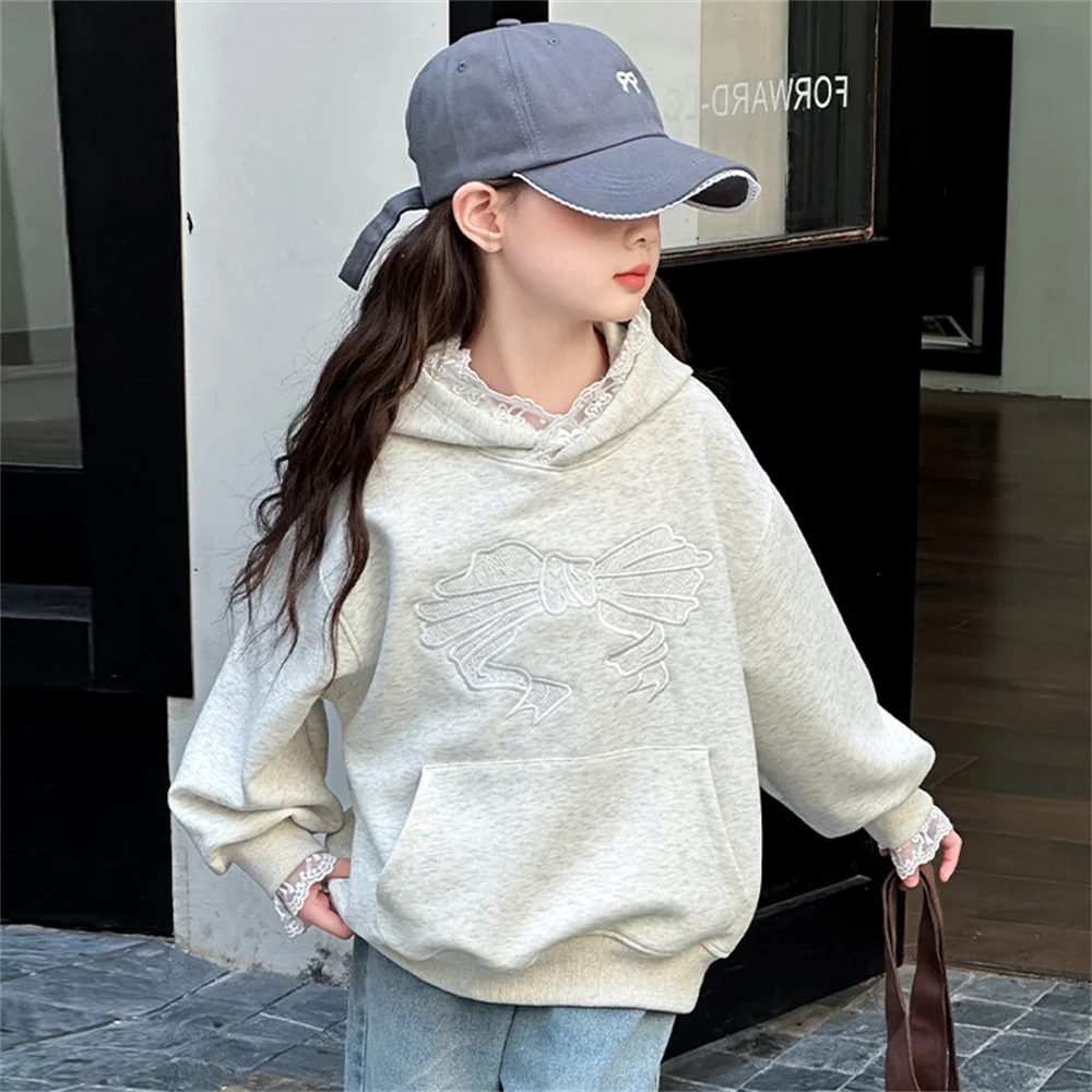 

B8011 Lace Bow Hoodie Hoodie Girl's Hoodie Autumn Korean Children's Fashion Girls' Casual Hooded Sweatshirt Jacket