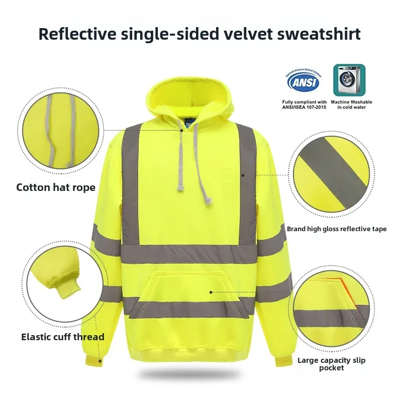 WinterWarmHooded Reflective Sweatshirt Outdoor Construction Site Safety Pullover Anti-cold Reflective Clothing Transport Warning