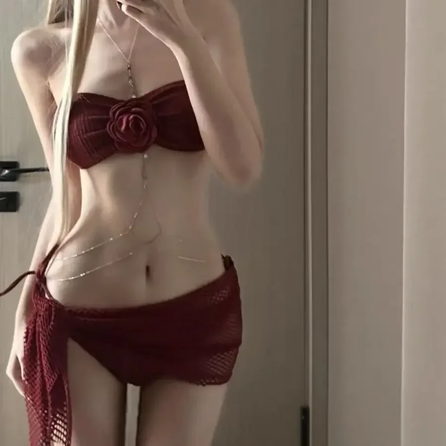 

Pure Desire, сексуальный купальник-бикини из трех частей для девочек, женский стиль, без бретелек, с цветочным 3D принтом, элегантный женский купальник