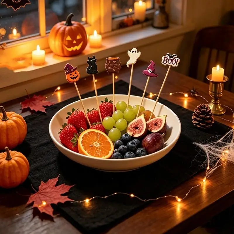 100Pcs Halloween Party Toothpicks Disposable Bamboo Skewers Pumpkin Ghost Fruit Fork Cake Dessert Cocktail Stick Decorations - view 3