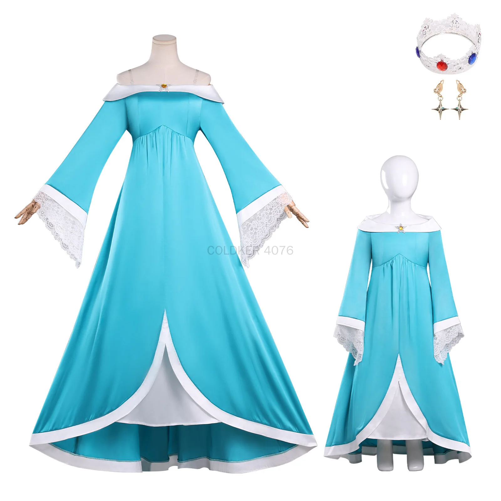 

Adult Kids Rosalina Princess Cosplay Outfit Blue Long Sleeve Gown with Crown Earrings Set Halloween Costume for Women