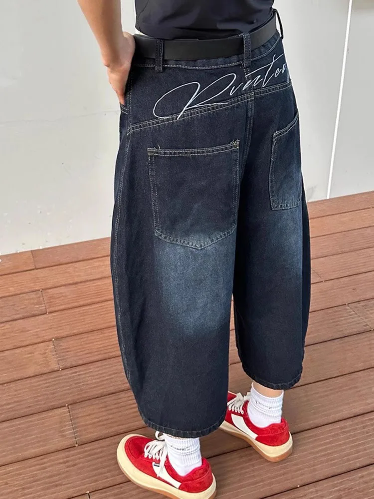 Plus Size Amerikaanse Retro Zeven Voet Jeans Vrouwen Losse Hoge Taille Slanke Rechte Wijde Pijpen Mes Midden Broek Casual losse Fit