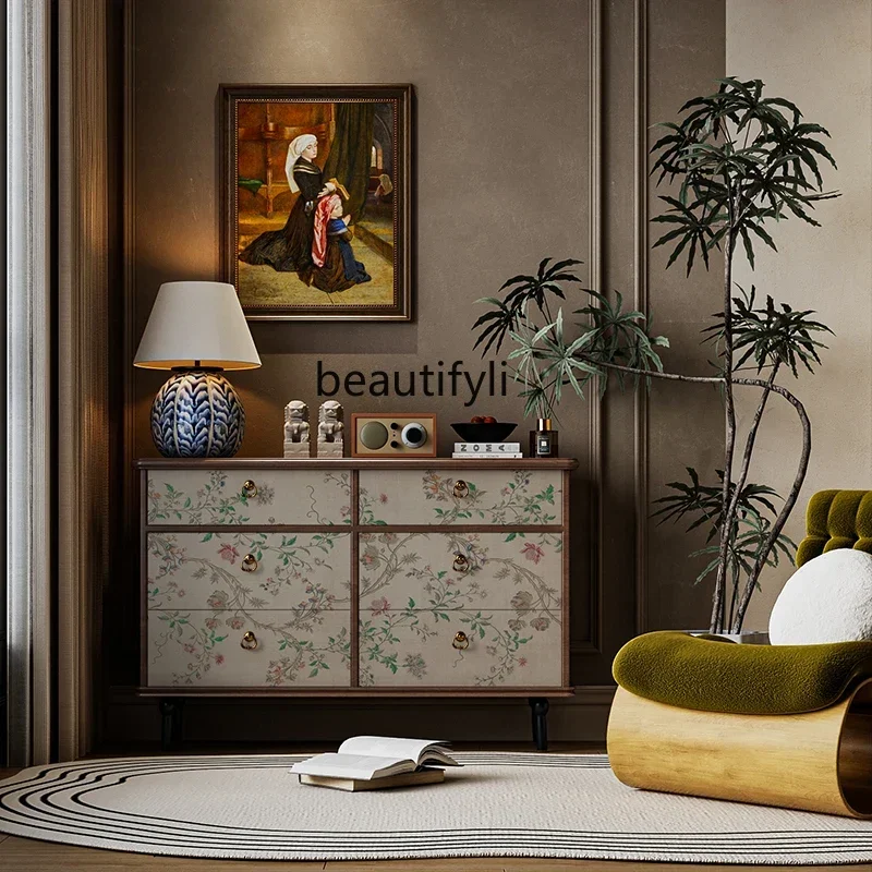 

French retro aesthetic style enters the door, living room against the wall, entrance cabinet, household sofa, stora