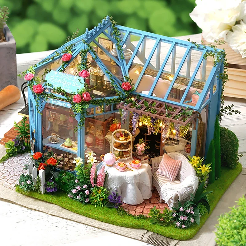 Houten poppenhuiskit Handgemaakt gebouwmodel Bloementuin 3D-puzzelmontagespeelgoed Miniatuur poppenhuis met meubelverlichting