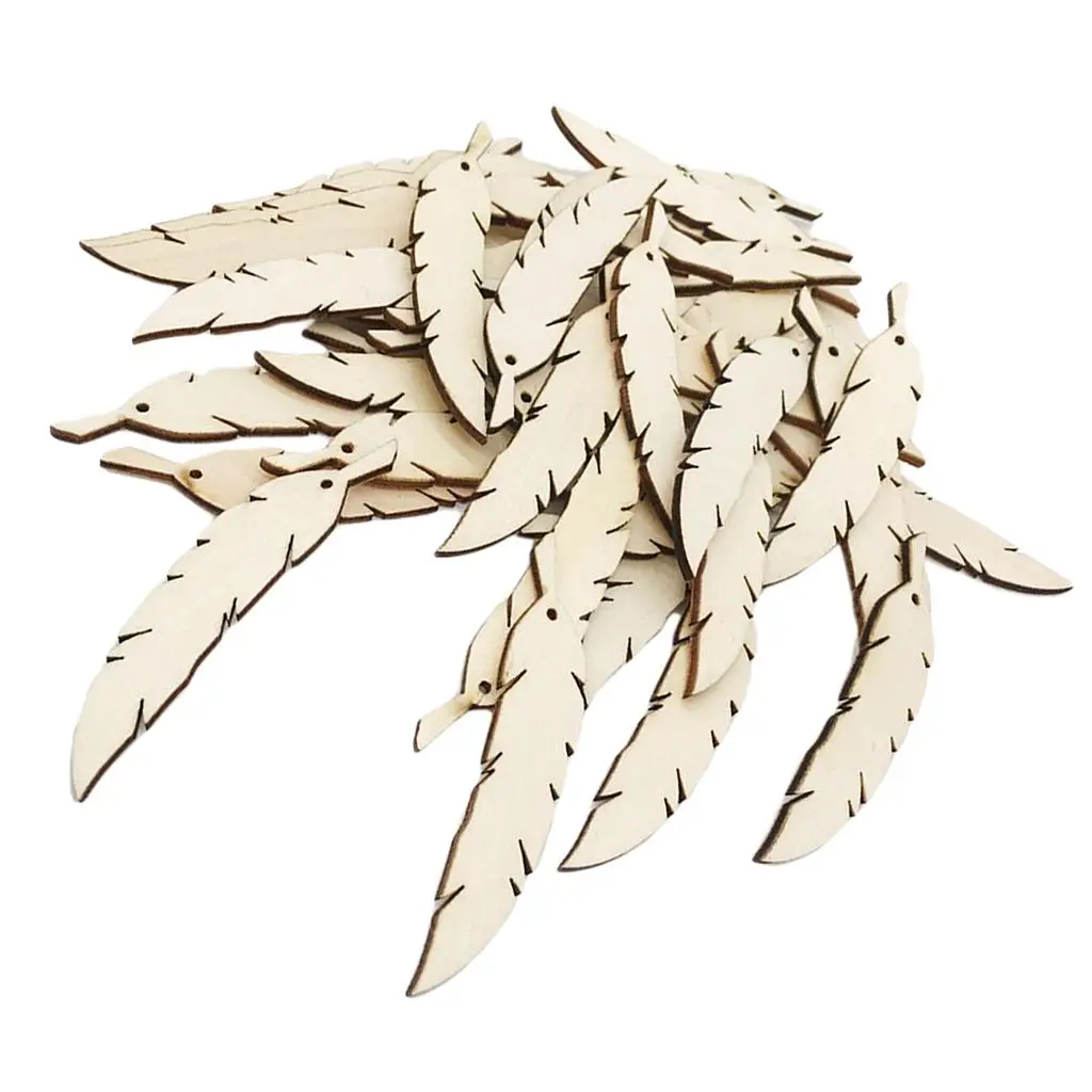 50pcs Unfinished Wood Feathers Rustic Natural Embellishments for Decoration