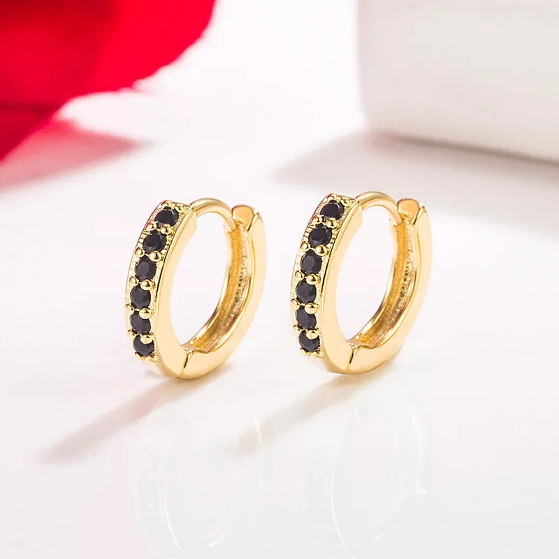 

14K Gold Obsidian Jewelry Stud Earrings for Female Single Row Full Drill Buckle Aros Mujer Oreja Real 14 K Yellow Gold Orecchini