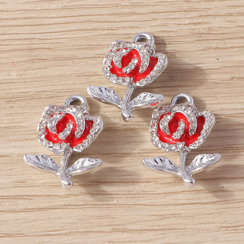 10pcs 13x22mm Cute Crystal Rose Flower Charms Pendants for Jewelry Making Women Fashion Drop Earrings Necklace DIY Crafts Gifts