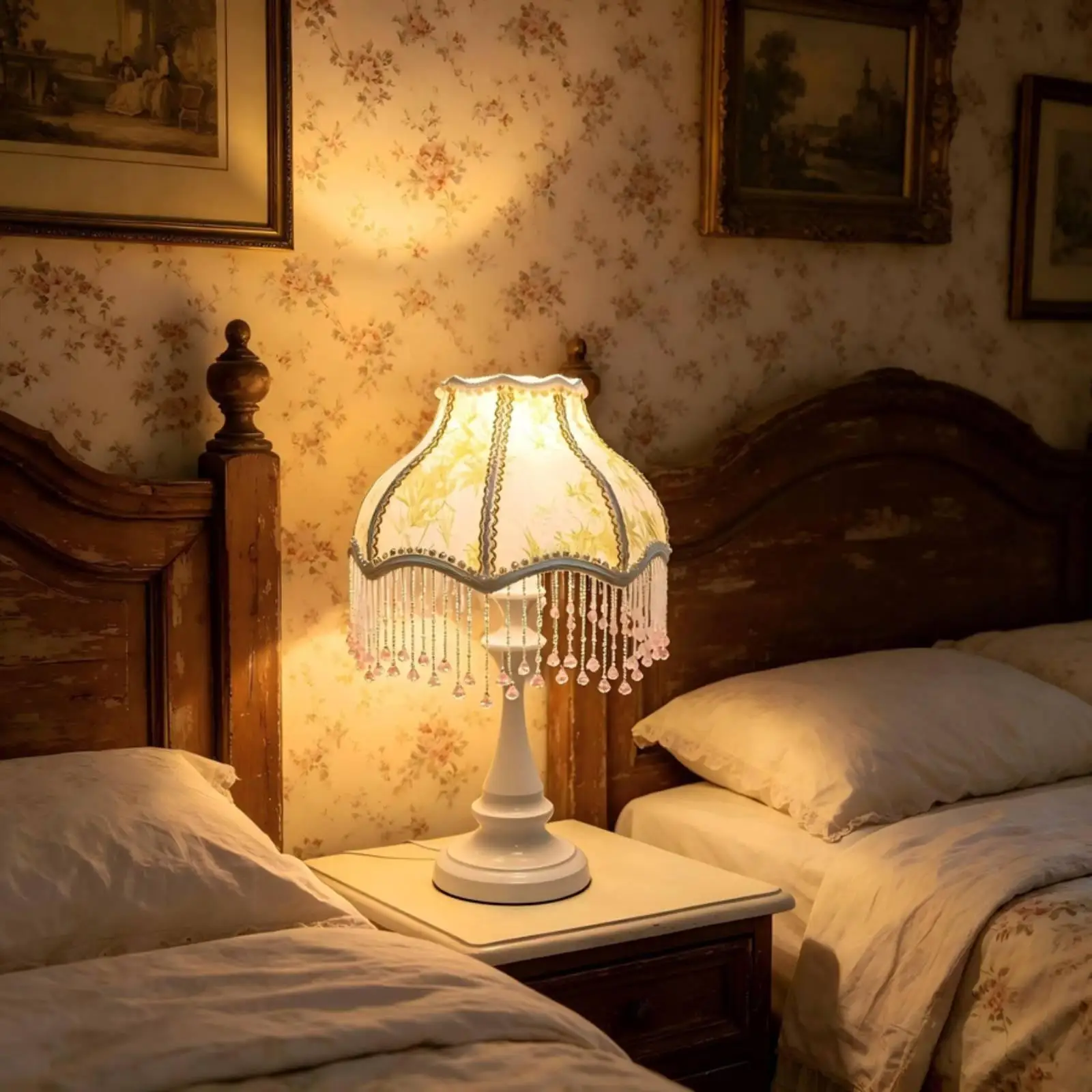 Pedestal Lamp with Shade Vintage-Vintage-Themed Fringe Lamp with Crystal Beads