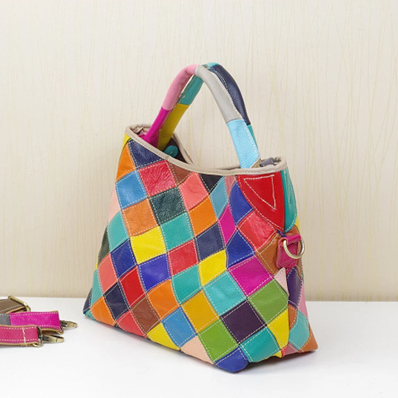 LOMANTINA Top Quality Genuine Leather Women\'s Fashion Colorful Random Shoulder Tote Bag Patchwork Geometric Female Purse Handbag