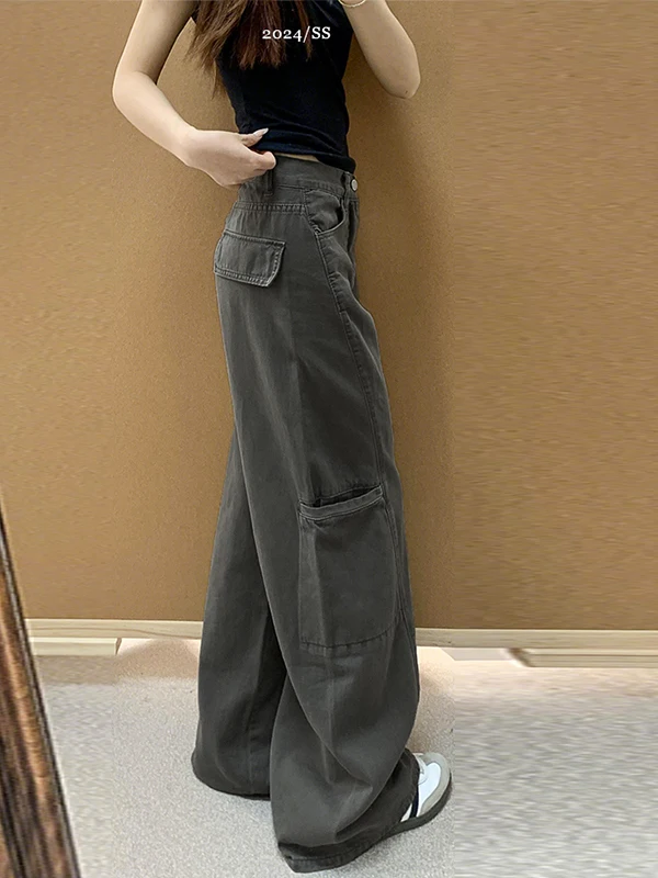 

High Waist Wide Leg Jeans Women's Workwear American Retro Multi Pocket Denim Pants Fall Loose Fit Straight Cut Trousers
