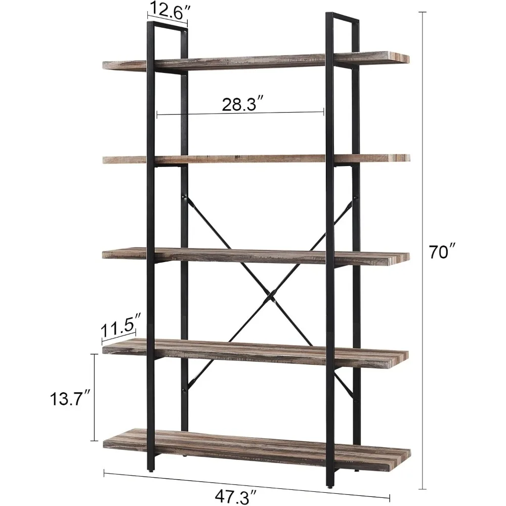 Bookshelf, 5-Tier Industrial Bookshelf, 70