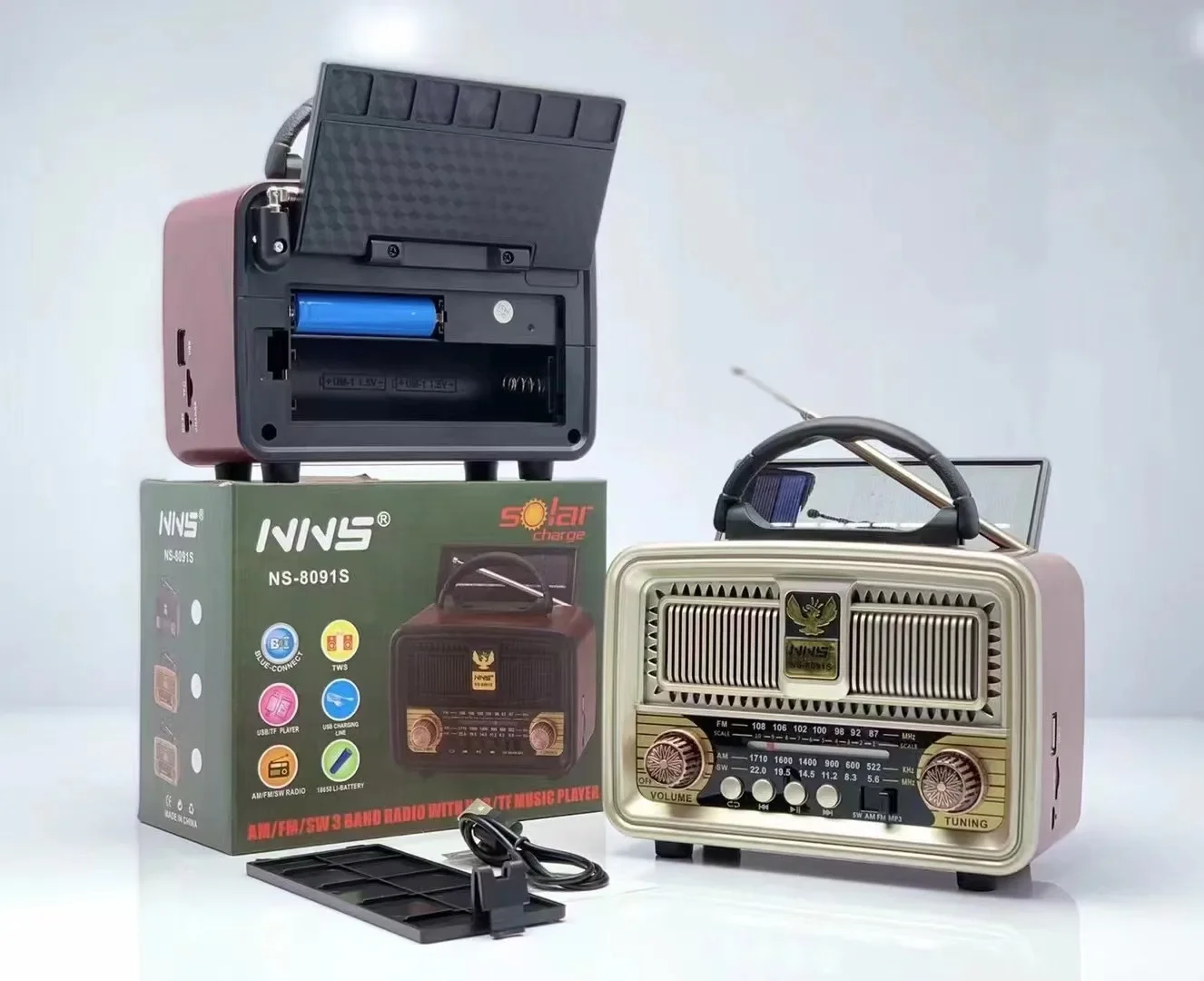 NNS NS-8091S Rechargeable Classic Vintage Retro Old Vintage Solar Powered Fm Am Sw 3 Bands Wooden Home Radio With Usb Speaker