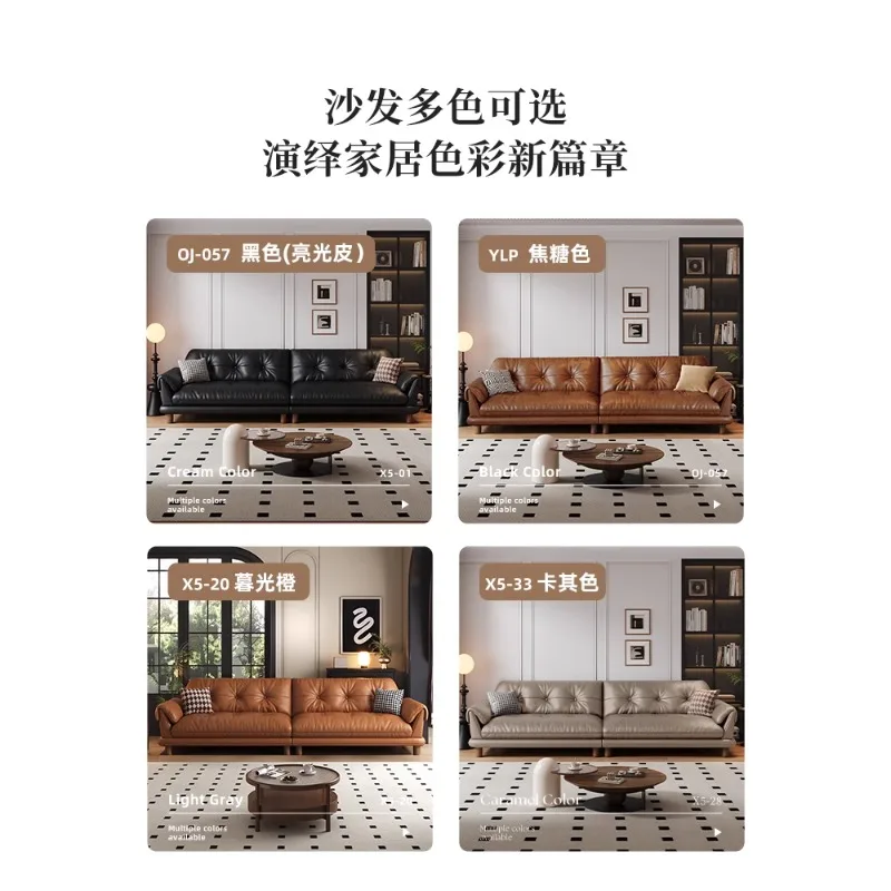 

Кожаный диван для гостиной, итальянский минималистичный прямой ряд, для трех человек, для маленькой квартиры, в стиле ретро, черный верхний слой из цельного дерева, воловья кожа