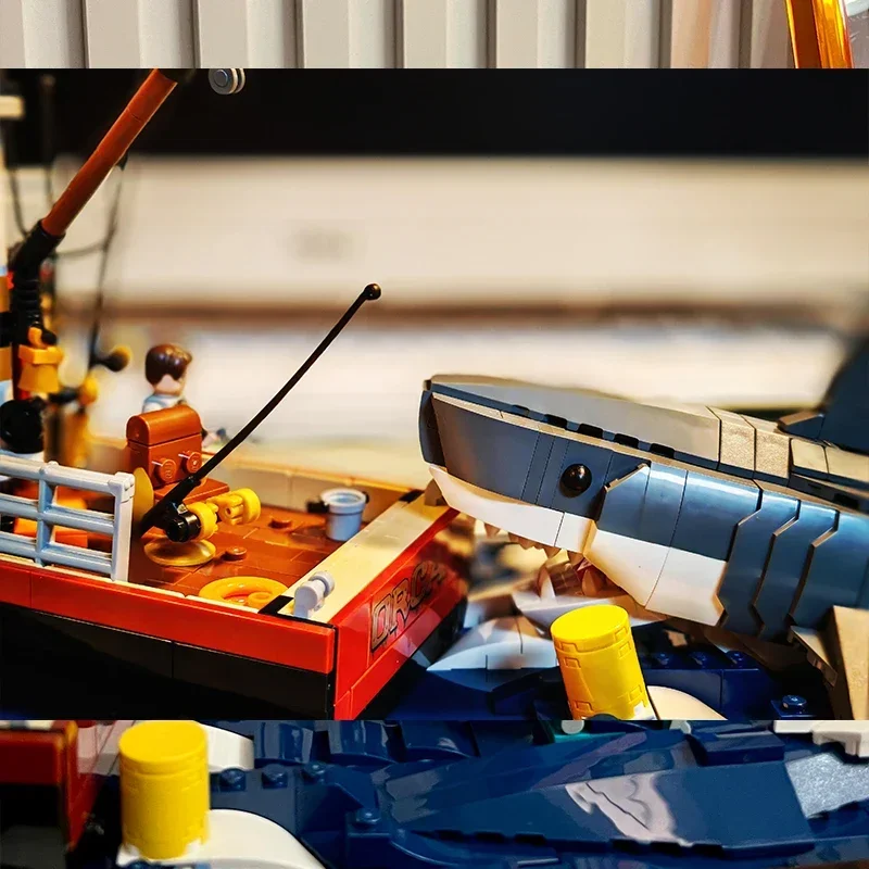 1497pcs 창의적인 아이디어 시리즈 그레이트 화이트 샤크 보트 홈 장식 모델 장난감 어린이 생일 선물