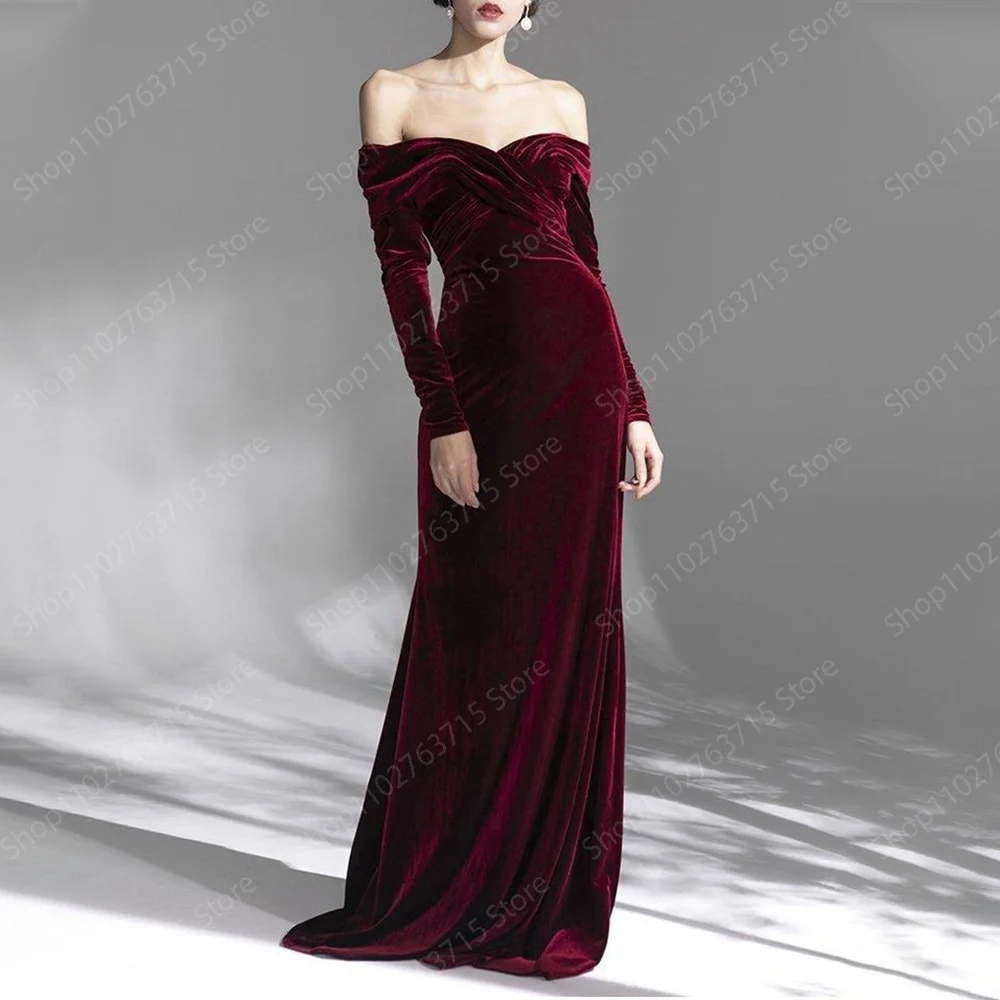 Elegant Long Burgundy Evening Dresses for Women Velour Floor-Length Mermaid Prom Party Wedding Gala Special Events Dress 2024