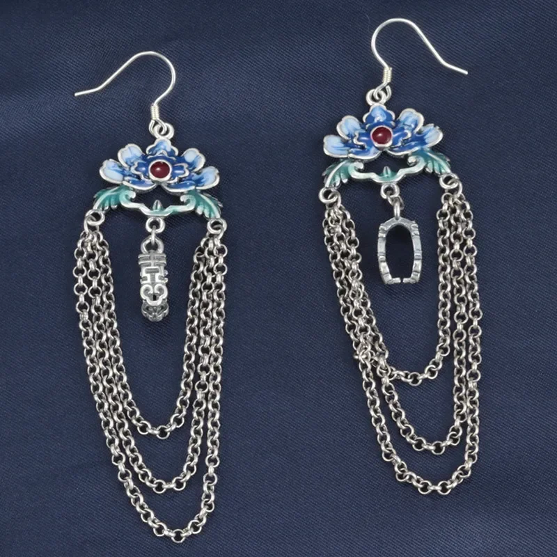 925 Sterling Silver Enamel Lotus Flower Long earrings Vintage Ethnic Style Chain Tassel Hanging Jewelry For Women EH211