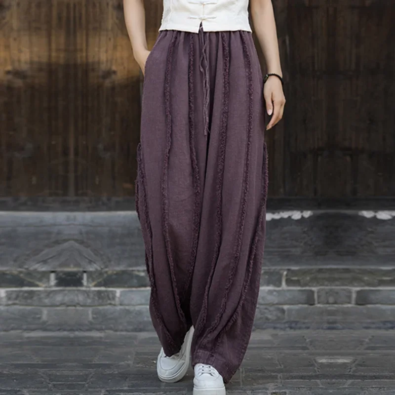 

Pop Elegant Women's Cotton Linen Baggy Cargo Pants Vintage Elastic Waist Yoga Trousers Loose Casual Long Wide Leg Oversize Cloth