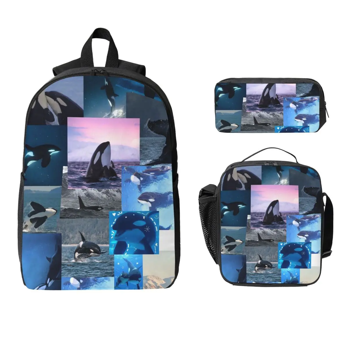 

Orca Whales Backpack Student Boys Girls BookBag School Bag Computer Shoulder Bags 3ps Insulated Lunch Bag Pencil Case