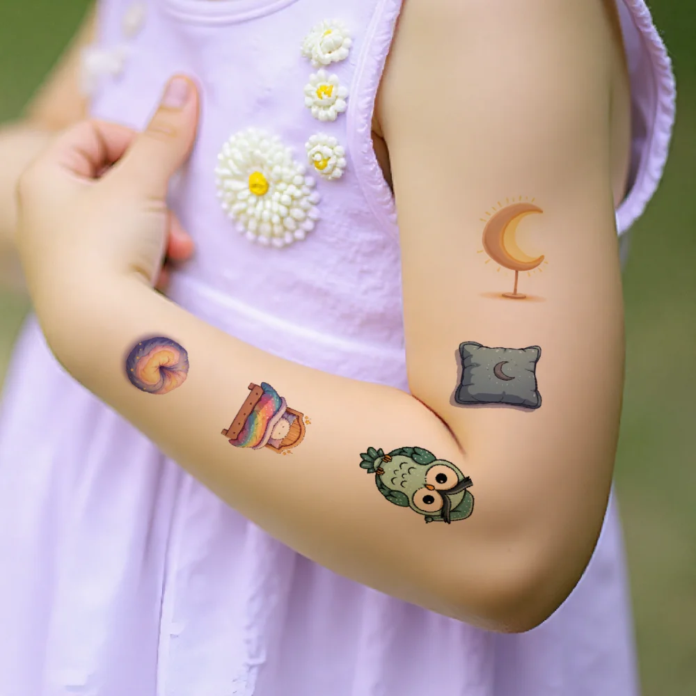 54 قطعة الوشم المؤقت القمر الكرتون تيدي بير البومة مقاوم للماء طويلة الأمد ملصقات الجسم على مدار الساعة للأطفال الأولاد الكتفين
