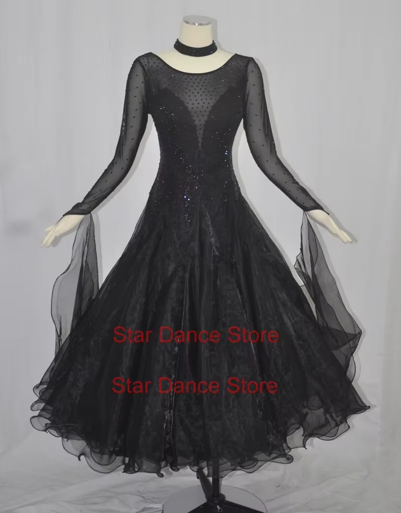 Preto competição de salão vestidos de dança feminino alta qualidade sexy padrão saia de dança de salão adulto valsa vestido de salão