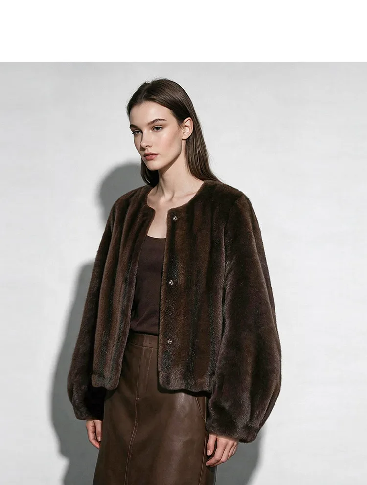 Amii Crew Neck Faux Fur Coat Lantern Sleeve Loose Fit Warm Light Luxury Minimalist 2026 Winter Women's Fur Coat 12624109