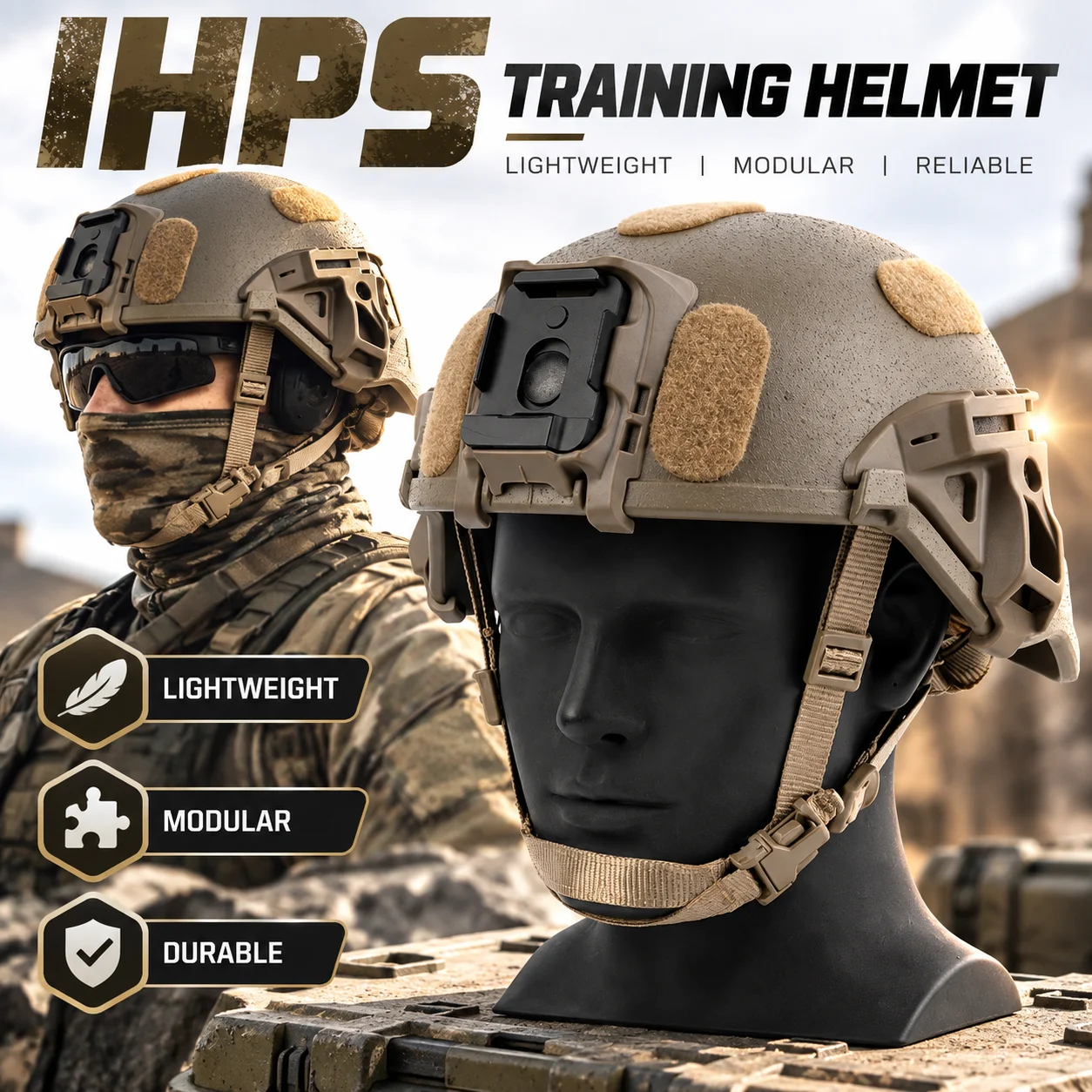 IHPS Training Helmet with Modular Front Mount Side Rails Adjustable Chin Strap Lightweight Outdoor Tactical Training Headgear