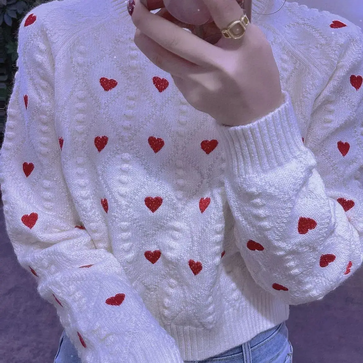 New Round Neck Heart-shaped Pullover For Autumn And Winter 2024, Stylish Design, Knitted Top, Loose Women's Short Sweater