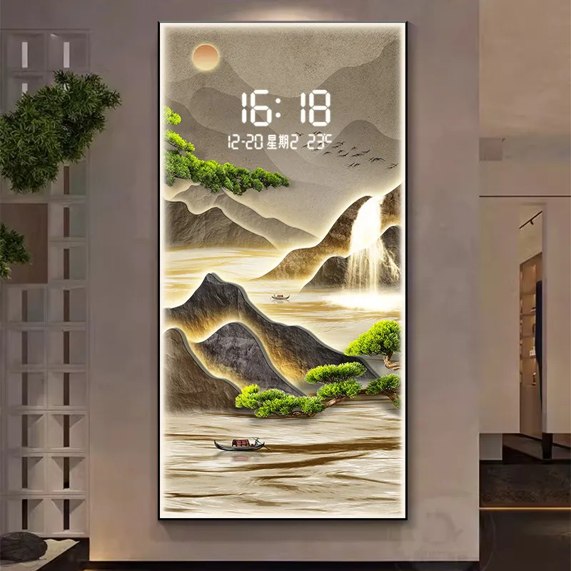Pine Tree Entrance Decoration LED Wall Light Electronic Clock New Chinese Style Corridor Landscape Mural
