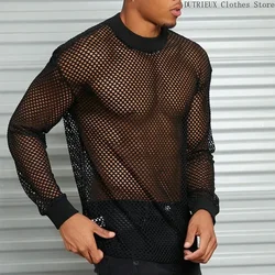 Spring &Autumn Breathable Mesh Men's Long Sleeve T-shirt Sexy See-through Mesh Men's T-shirt Bar Club Party Performance Clothing