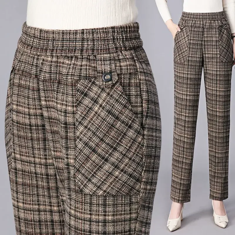 

Vintage Thicken Women Plaid Straight Pants Spring Autumn Elastic High Waist Pockets Office Fashion Casual Trousers 2024 A36