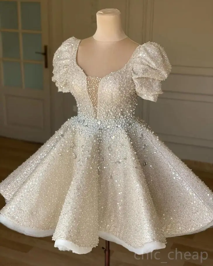 Vestido corto de fiesta de graduación con lentejuelas de cristal para niña, traje de fiesta con perlas brillantes, color champán