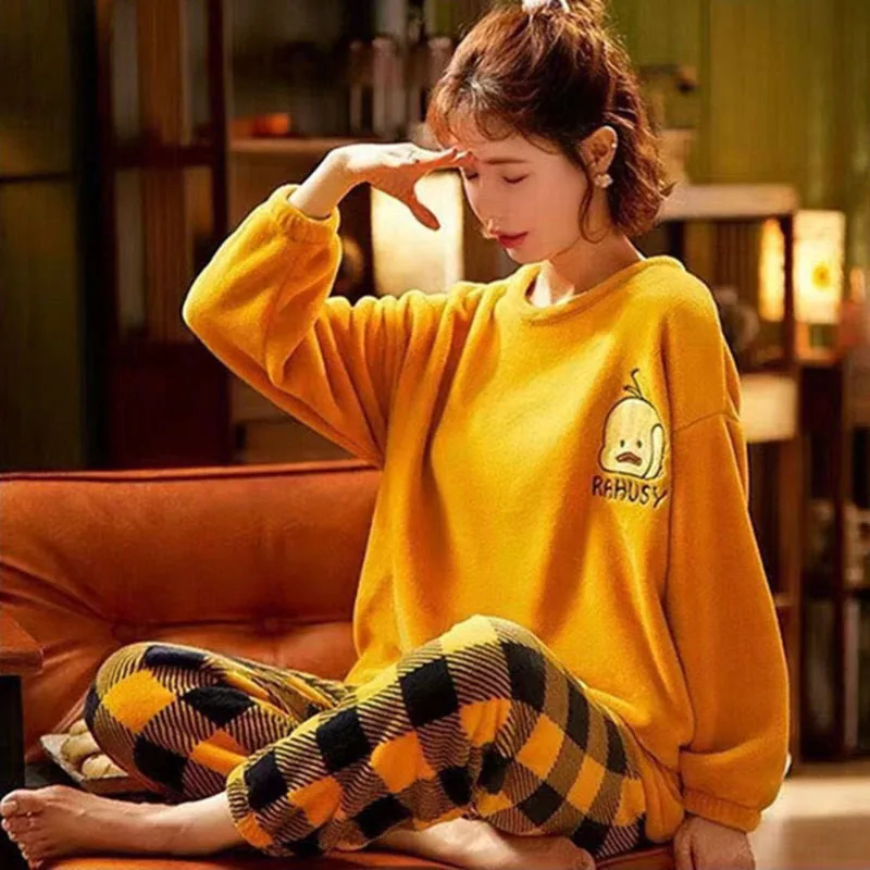 Yellow Purple Light Green Bear Duck Pattern Flannel Pajamas Women'S Warm Woolen Cartoon Casual Home Pants In Autumn Winter